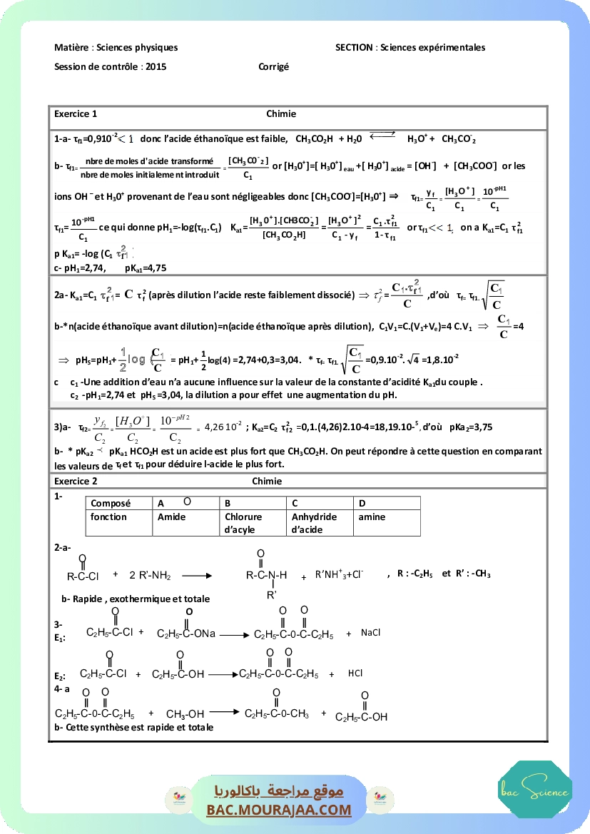 Corrigé controle physique Bac 2015 – Section science